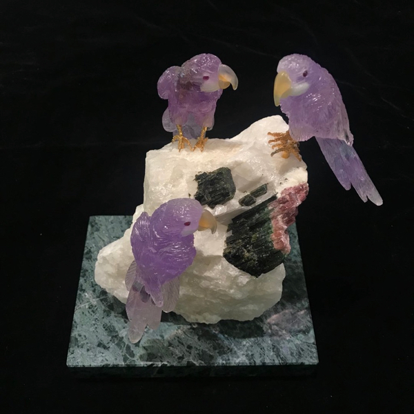 GG TREASURE | Objet d'Art Hand-Carved Amethyst Birds on Rock Quartz